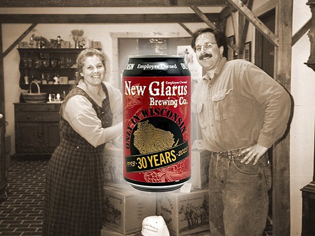 Deb and Dan Carey of New Glarus 30 years ago, with a can of new anniversary beer superimposed.