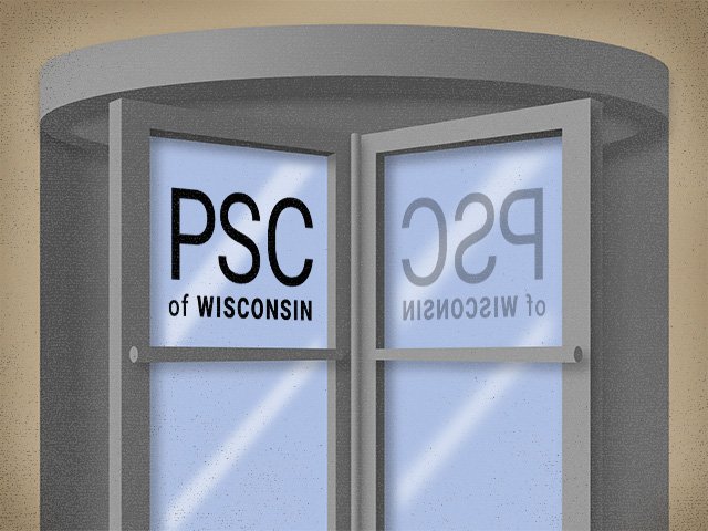 A revolving door with the Wisconsin Public Service Commission logo on it.