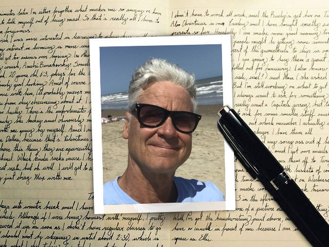 The author wearing sunglasses superimposed over handwritten text and a pen.