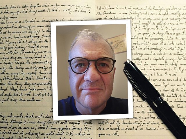 Essayist Anthony Reeves on a background of handwriting with a pen.