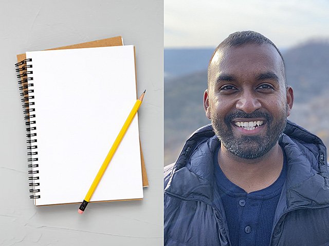 A blank journal indicating the space to write an essay and a photo of essayist Istiaq Mian, smiling.