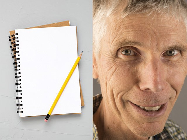 A blank pad of paper and a pencil, and a photo of author Richard Ely, smiling.