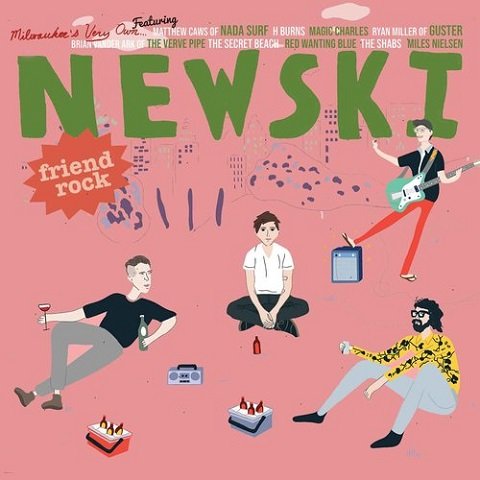 Cover of the NEWSKI album Friend Rock. It is pink with quirky line drawings of the band.